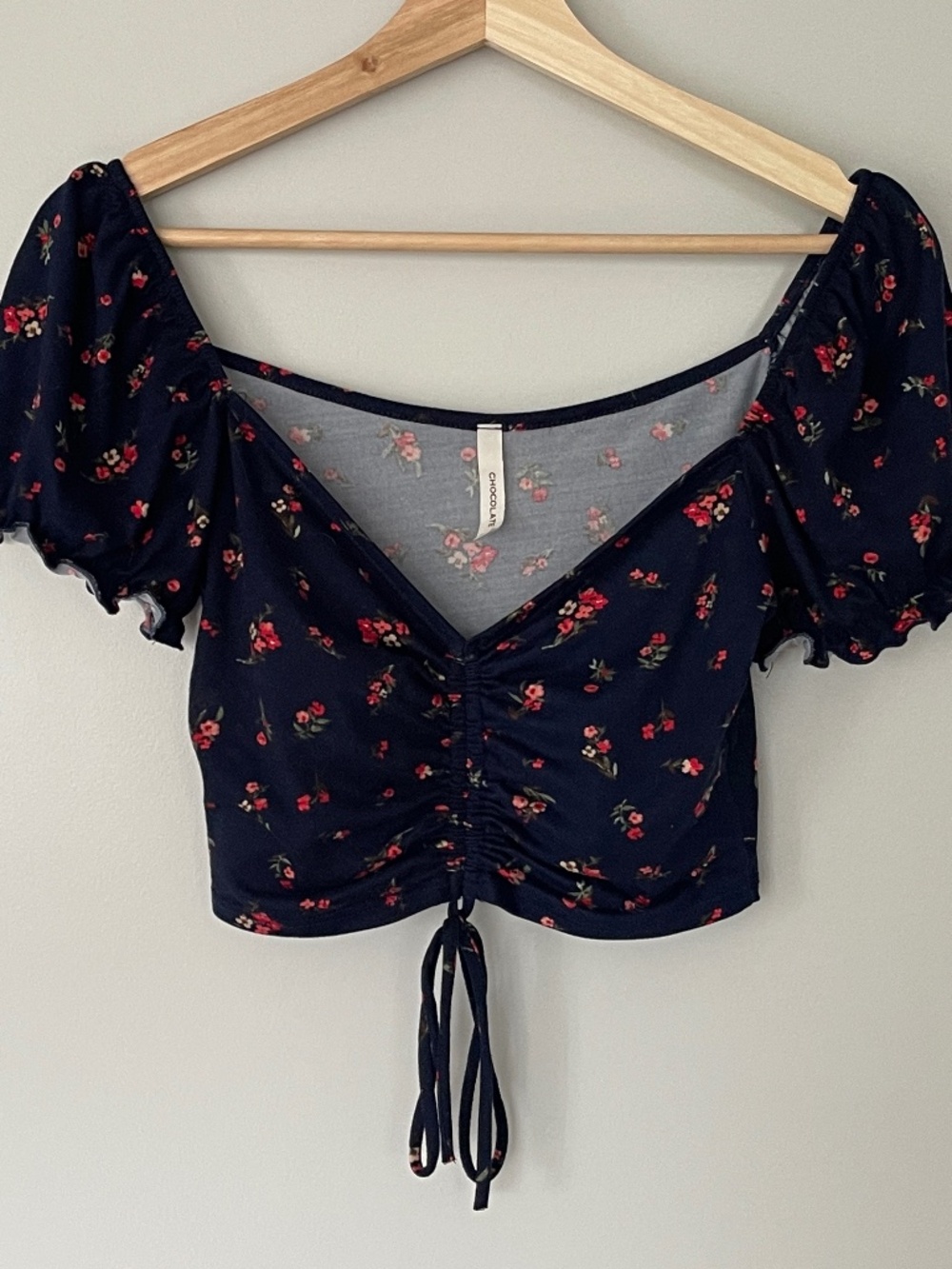 Made in USA Chocolate Navy Floral Y2K Milkmaid Crop Top Ruched Coquette Size S